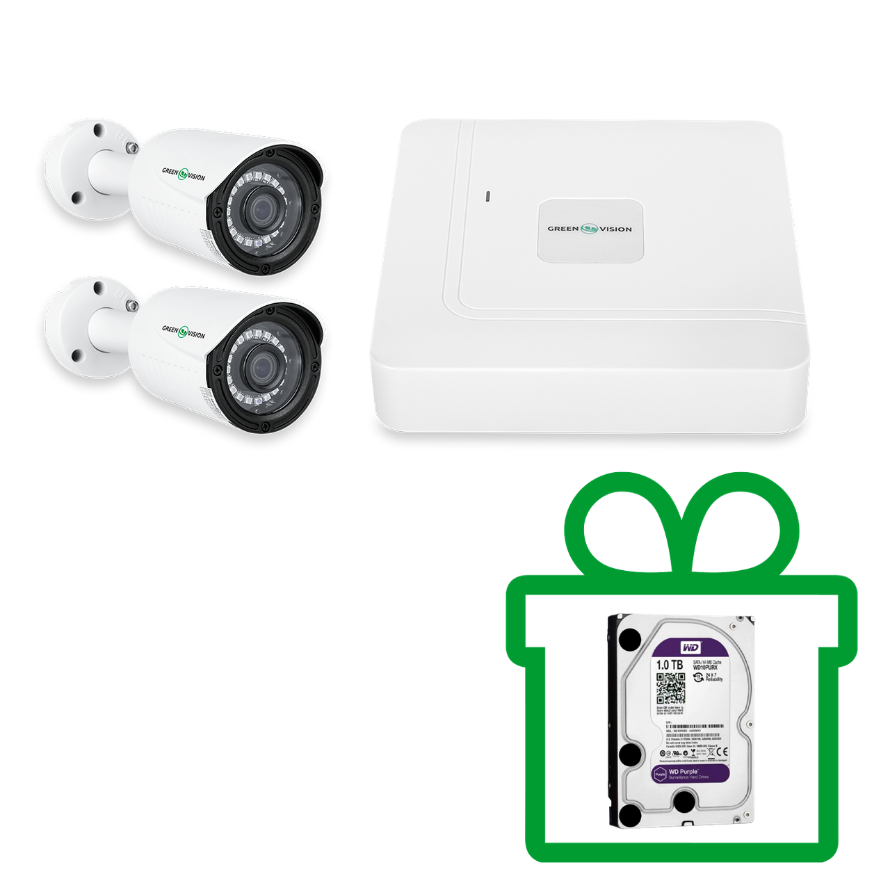 Комплект видеонаблюдения уличный на 2 цилиндрические камеры Green Vision GV-K-W62/02 2MP (Lite) - фото 1 - id-p1864616236