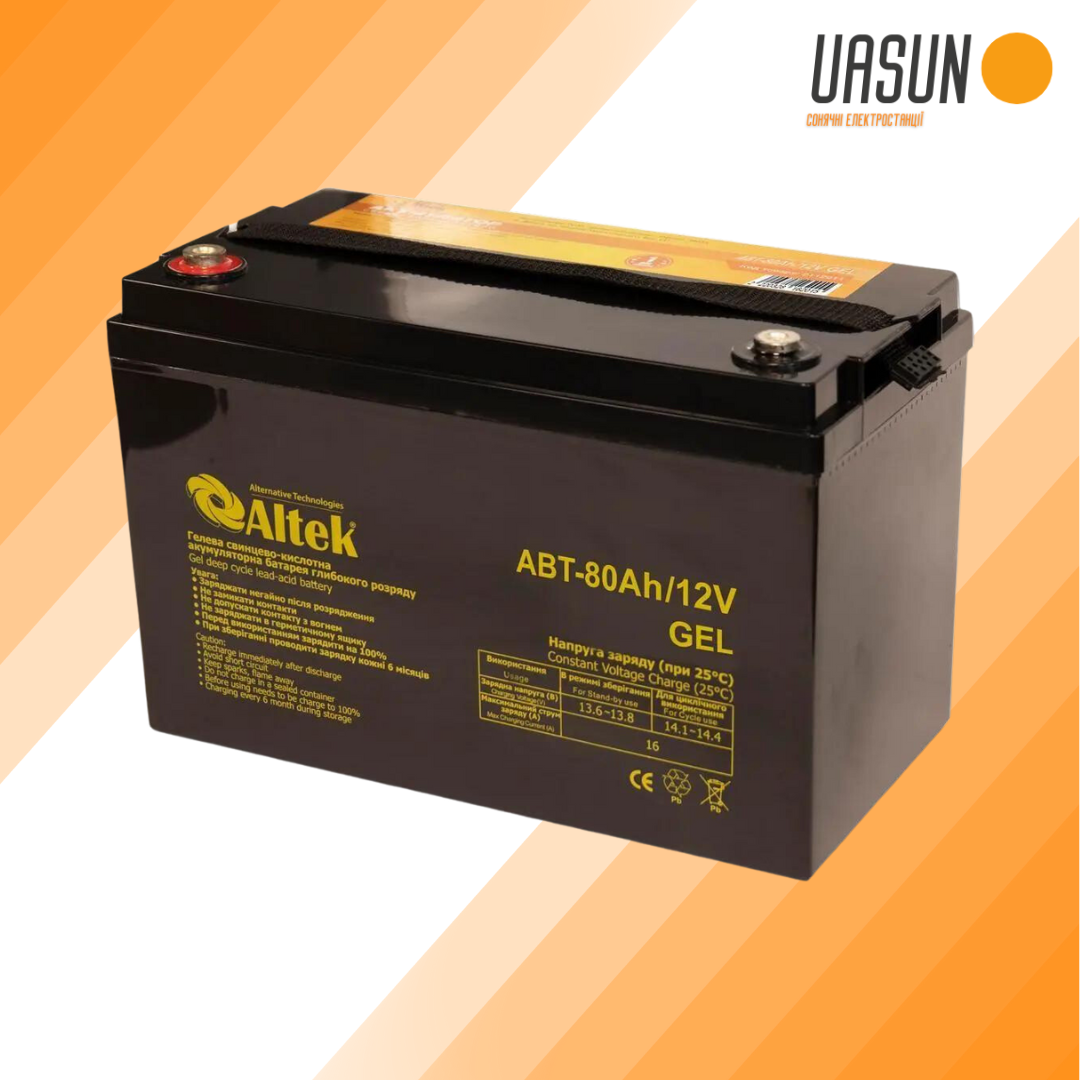 АКБ для ДБЖ, автономного живлення будинку Altek ABT-80Аh12V GEL гелеві акумулятори для сонячних батарей, фото 1