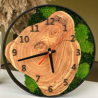 Настенные часы со мхом в металле, металлические часы, часы со срезом дерева, еко часы, часы в стиле лофт
