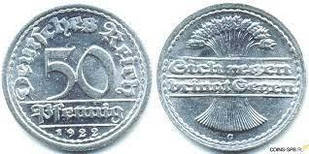 Монета 50 пфеннігів 1922 «G» Німеччина Веймарська республіка.