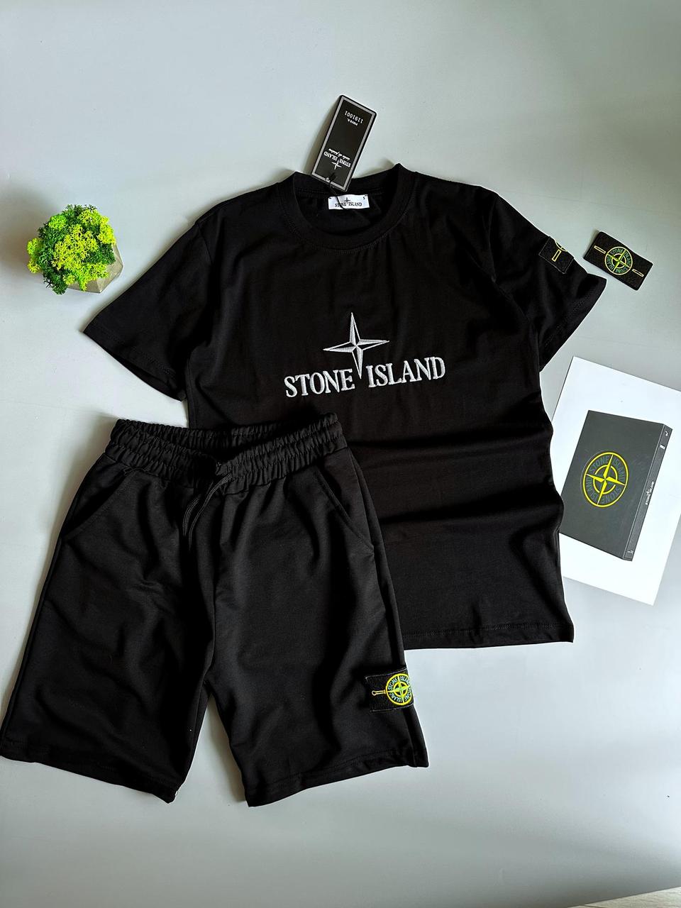 Літній чоловічий спортивний костюм футболка + шорти Stone Island Black Чоловічий комплект Чорний Туреччина вишивка