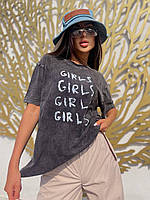 Женская оверсайз футболка прямого кроя с надписью на груди и спущенными плечами (р. 42-44) 68171154