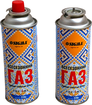 Газ універсальний всесезонний Sigma 220 г, портативний цанговий газовий балон, фото 1