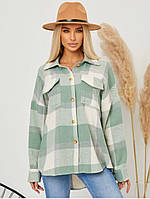 Женская кашемировая теплая оливковая рубашка в клетку на пуговицах