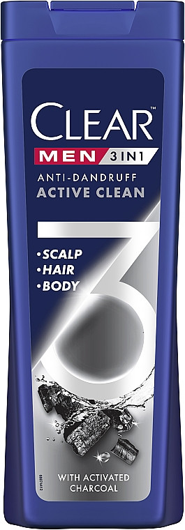 Шампунь Clear MEN 360 мл 3в1 Active Clean з активованим вугіллям