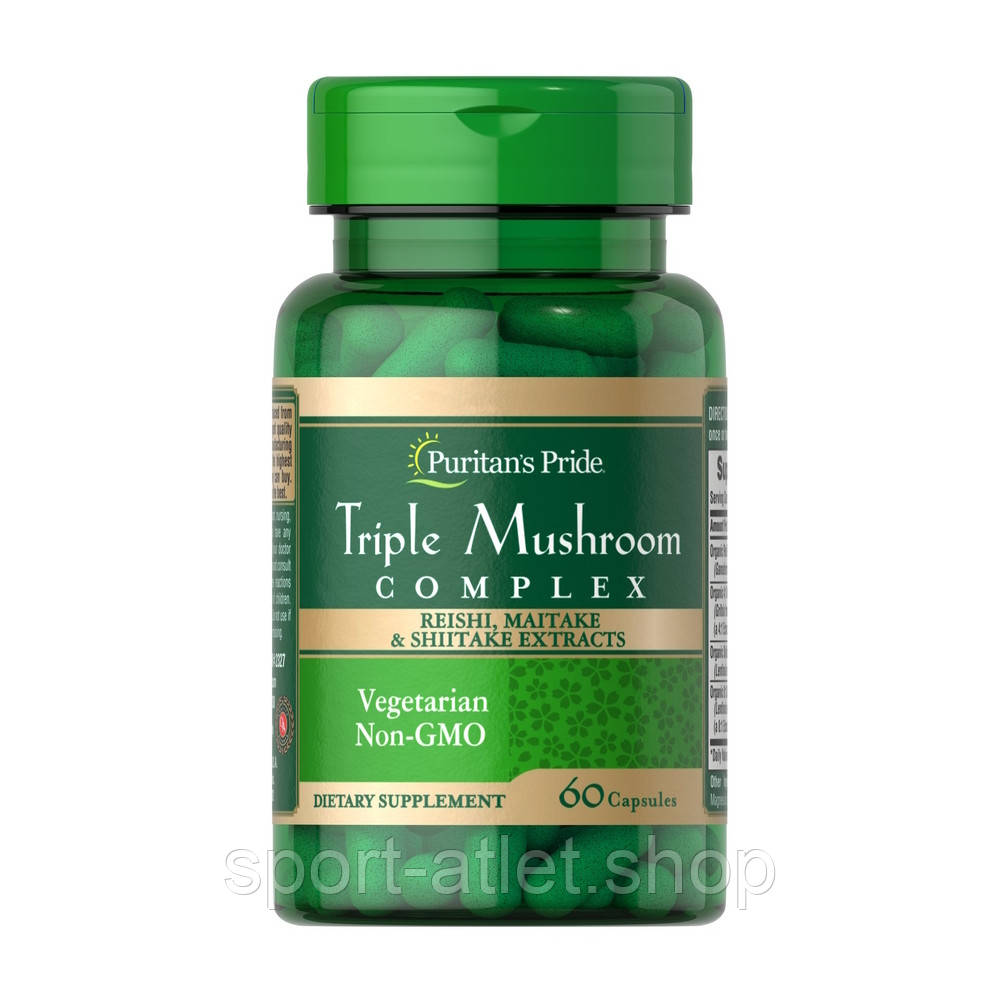 Комплекс грибів Puritan's Pride Triple Mushroom Complex, 60 капсул містить екстракти грибів шиїтаке, маїтаке і рейші, фото 1