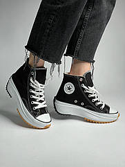 Жіночі Converse Run Star кеди конверс високі текстильні чорні на високій білій підошві