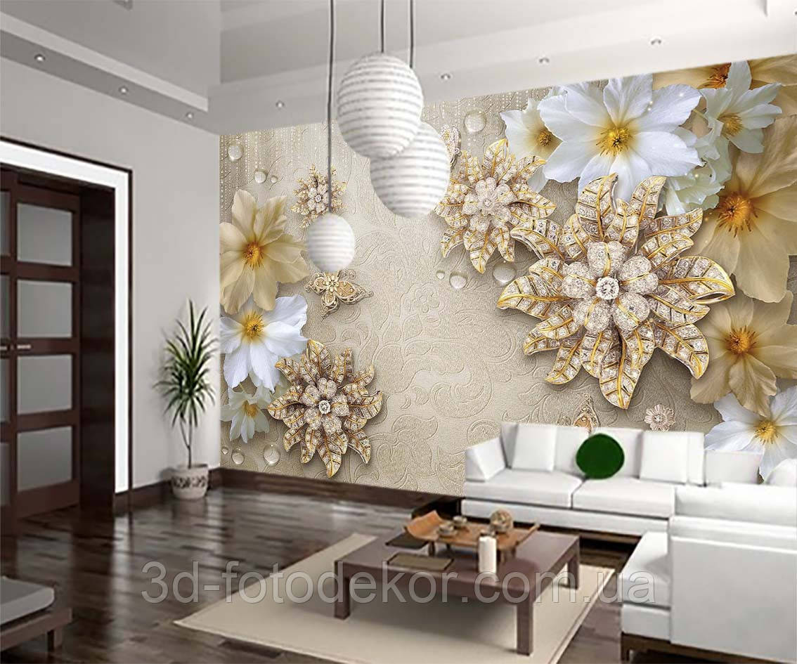 Фото Шпалери "3D Квіти зі стразами та метеликами" - Будь-який розмір! Читаємо опис!, фото 1