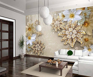 Фото Шпалери "3D Квіти зі стразами та метеликами" - Будь-який розмір! Читаємо опис!