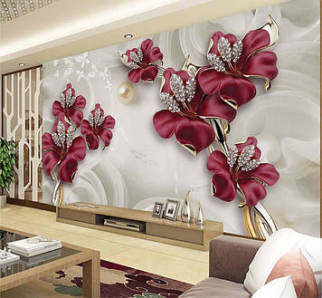 Фото Шпалери "3D червоні Квіти зі стразами" - Будь-який розмір! Читаємо опис!