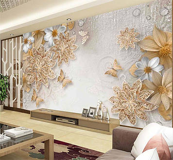 Фото Шпалери "3D Квіти зі стразами та метеликами" - Будь-який розмір! Читаємо опис!