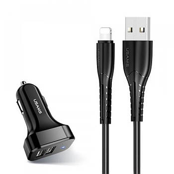 Автомобільний зарядний пристрій Usams Lightning cable + Dual USB  Black (NTU35LC13TZ)