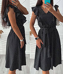 Плаття жіноче літнє з поясом, різні принти, тканина софт Україна. Розміри 42-44, 46-48 Чорний/горох