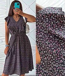 Плаття жіноче літнє з поясом, різні принти, тканина софт Україна. Розміри 42-44, 46-48 Чорний/квіти