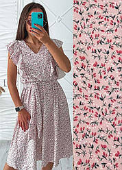 Плаття жіноче літнє з поясом, різні принти, тканина софт Україна. Розміри 42-44, 46-48 Рожевий/квіти