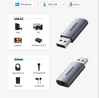 Внешняя звуковая карта Ugreen CM383 USB, 2 в 1, стереофоническая (поддерживает все ОС) 80864 SBB