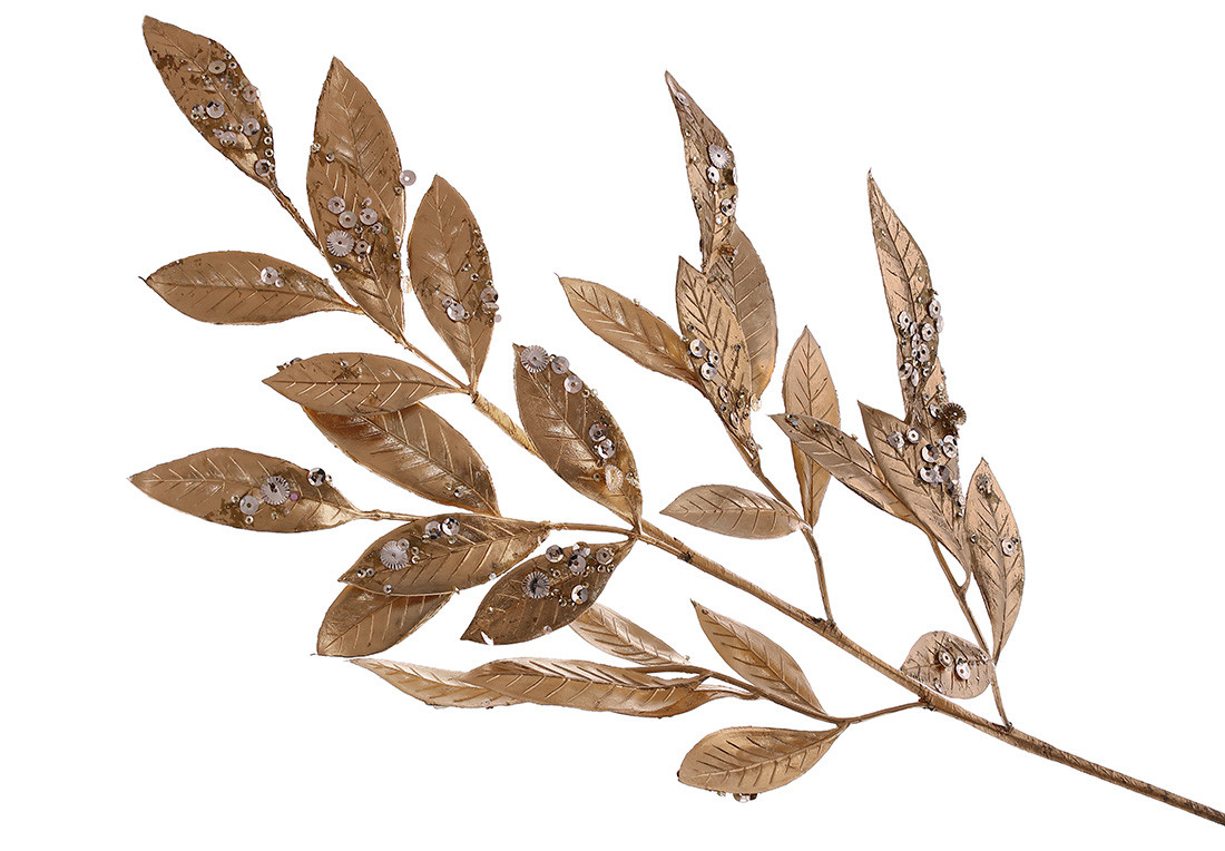 Декоративна гілка листя з великими паєтками, 75см, колір - матове золото. - 12 шт УПАКОВКА ТОВАР ВІД ВИРОБНИКА