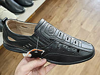 Чоловічі літні туфлі чорні шкіряні повсякденні без шнурків з перфорацією Мужские летние туфли черные кожаные (Код: 3261)