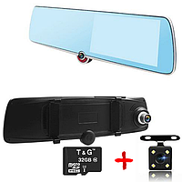 Автомобильный видеорегистратор зеркало L1030 3 камеры авторегистратор + карта памяти 32гб