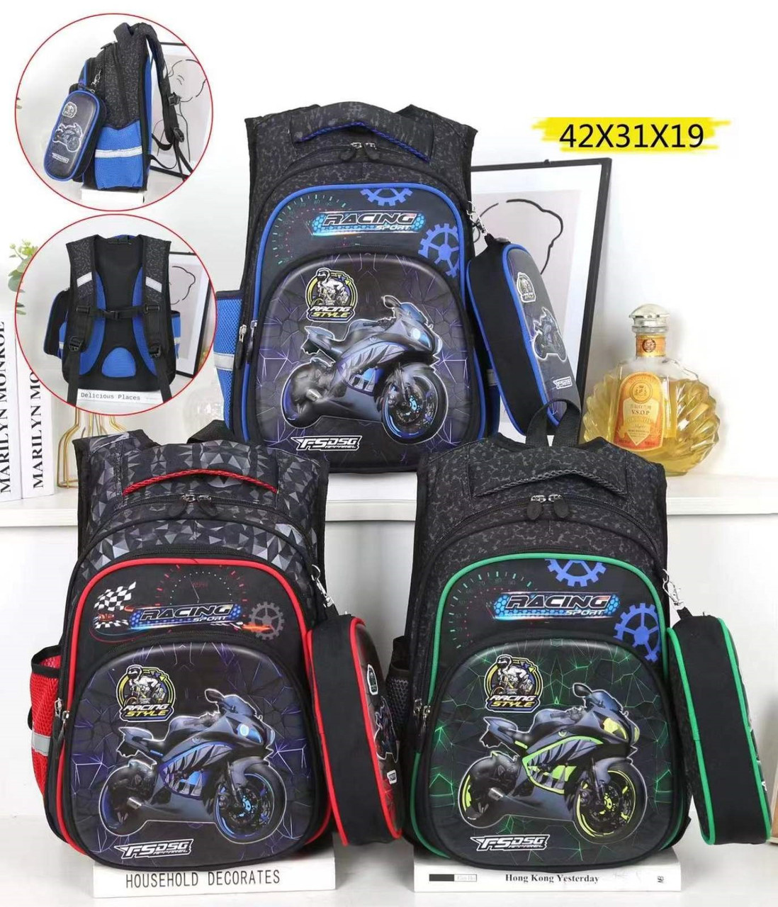 Детский школьный 4D рюкзак портфель для мальчика Мотоцикл ранец для школы с пеналом и тремя отделениями сумка - фото 3 - id-p1882721176