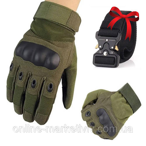 Тактические перчатки полнопалые Зеленые + Подарок Ремень тактический ...