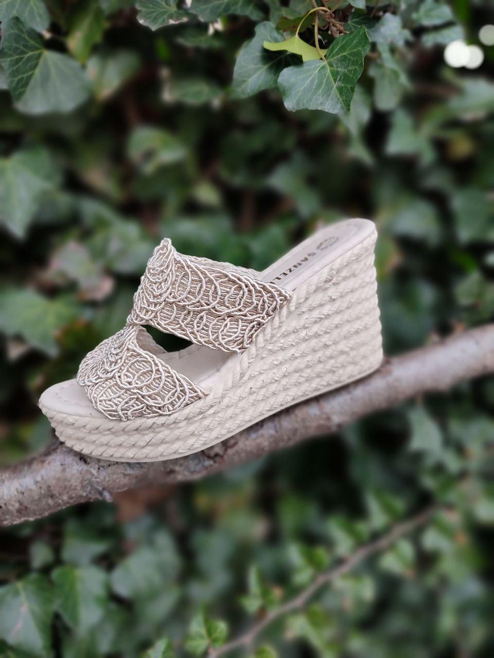 Сабо шльопанці на високій танкетці ажурні бежеві плетені жіночі 2023