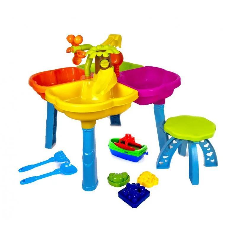 Столик для піску (стіл, стільчик, човен, граблі, лопатка, пасочки), різнокольровий, KINDER WAY. (01-122)