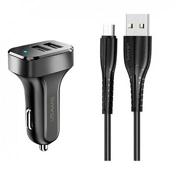 Автомобільний зарядний пристрій Usams microUSB cable + Dual USB  Black (NTU35MC13TZ)