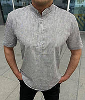 Легкая мужская рубашка из льна с коротким рукавом на каждый день серая / Качественные мужские рубашки с