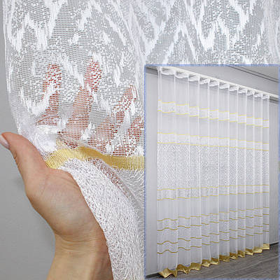 Готова тюль (5х2,5м) з тканини жакард. Колір білий з золотистим. Код 1290т 42-0385