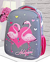 Школьный рюкзак ортопедический для девочки 1 2 3 класс | 7 8 9 лет, каркасный портфель в школу серый - розовый