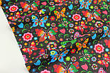 Бавовняна тканина з різнобарвними метеликами та квіточками на чорному тлі No439, фото 2