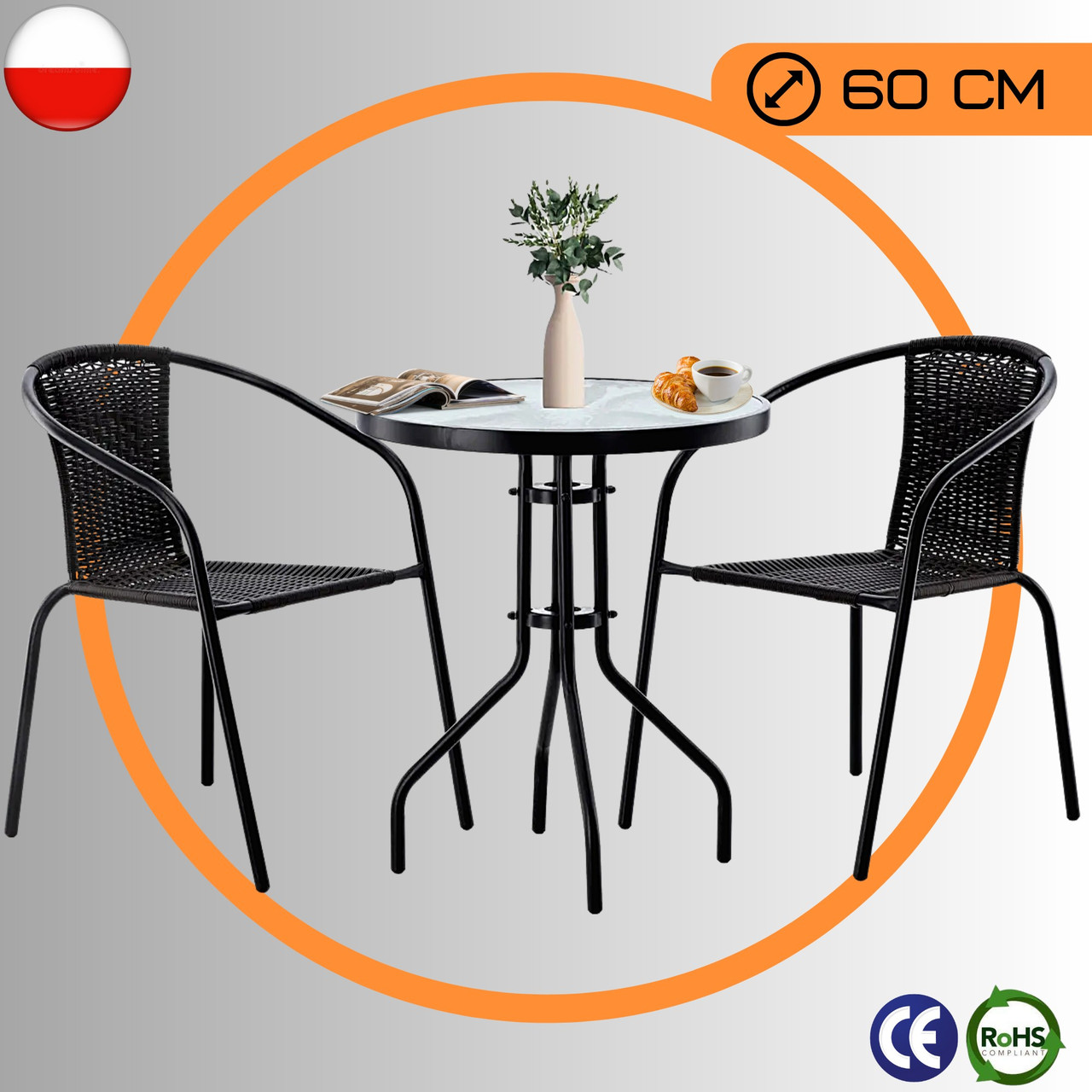 Комплект Садових Меблів Круглий Стіл + 2 Стільці Jumi Bistro-2R Набір Садових Меблів з Штучного Ротангу