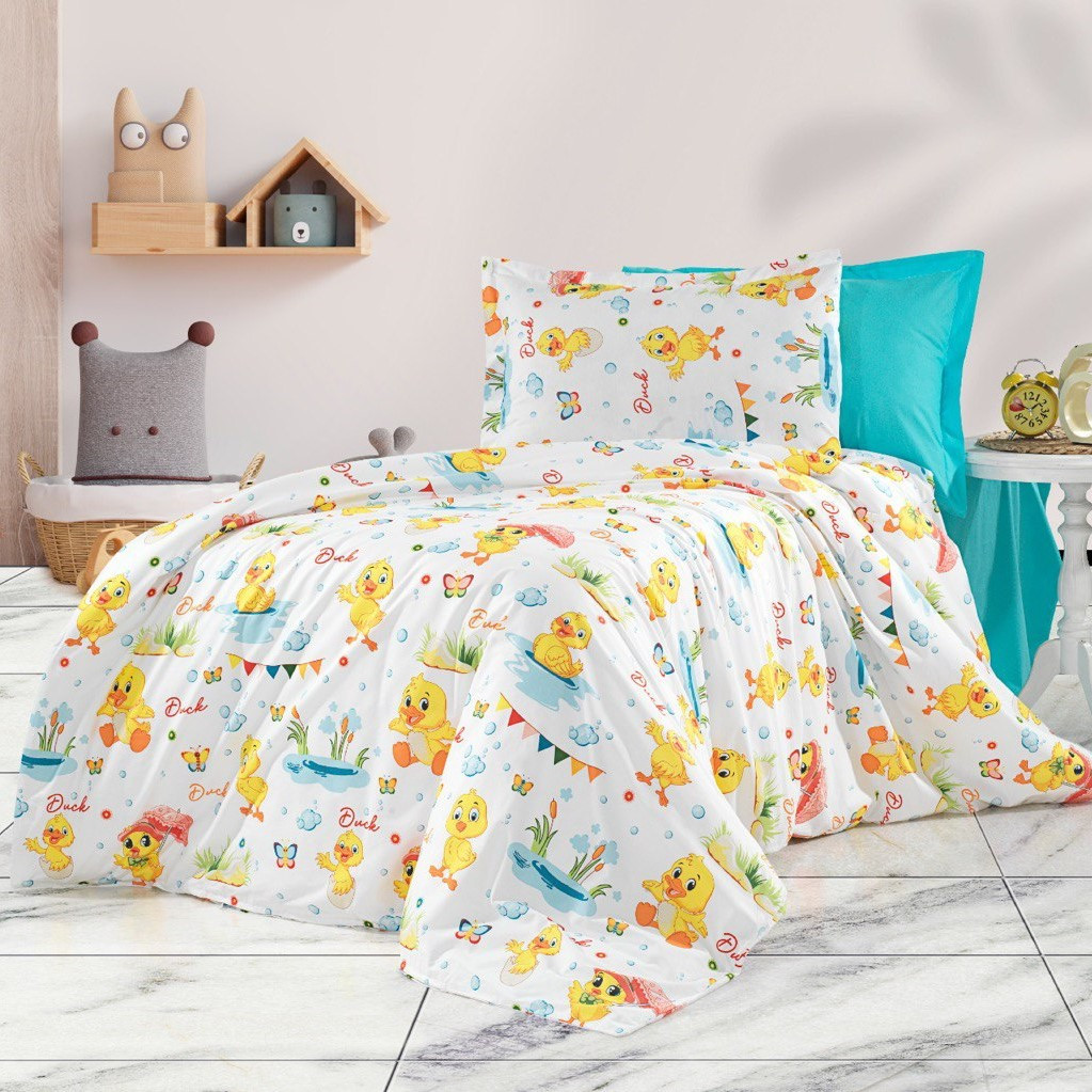 Постільна білизна Королева Ночі (Ранфорс Premium) | Сімейний комплект | 50х70 | Каченята на білому та бірюзовому, фото 1