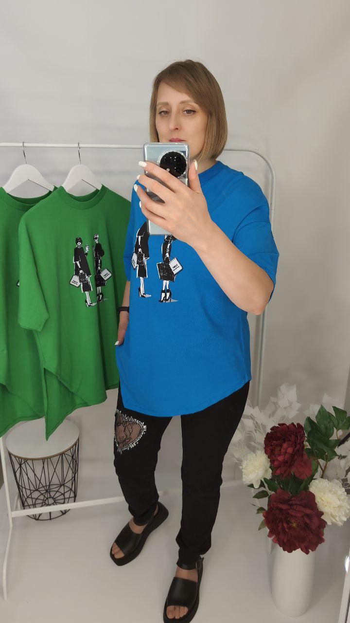 Стильна яскрава турецька футболка зі стразами, легка літня довга жіноча футболка колір зелений/електрик