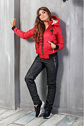 Теплий жіночий лижний зимовий костюм штани куртка на синтепоні овчині PP червоний чорний 42 44 46 48 50 52 54 56