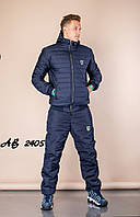 Тёплый зимний спортивный мужской костюм штаны куртка на овчине и синтепоне тёмно-синий 48 50 52 54 56 58