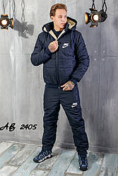 Теплий зимовий спортивний чоловічий костюм NIKE штани куртка на овчині з капюшоном темно синій 48 50 52 54