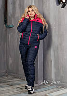 Тёплый женский лыжный зимний костюм NIKE куртка на овчине и штаны на синтепон синий с малиновым 48 50 52 54
