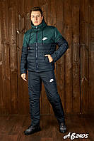Тёплый лыжный зимний мужской костюм штаны куртка на овчине т.синий с зелёным 46 48 50 52 54