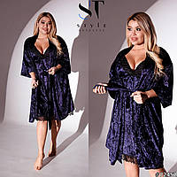 Шикарный бархатный женский комплект пеньюар ночная сорочка халат с кружевом т.синий 48 50 52-54 56-58 60-62