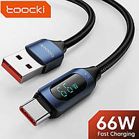 Кабель для зарядки телефона с индикацией Toocki 66W. 6A. USB type А - USB type C 100 см.