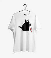 Белая футболка Кот с Ножом футболки с котами унисекс