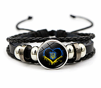 Патріотичний шкіряний браслет з національною символікою - Тризуб в жовто-блакитному сердечку на шнурівціці