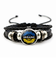 Патріотичний шкіряний браслет з національною символікою жовто-блакитний сонях з написом UKRAINE на шнурівціці
