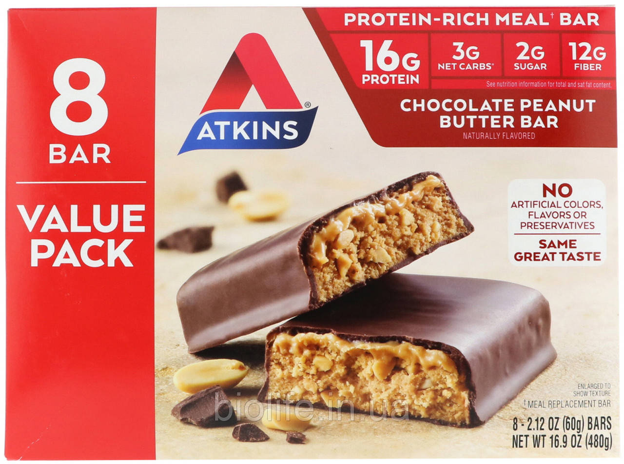 Atkins, Chocolate Peanut Butter Bar, 8 Bars, 2.12 oz (60 g) в Украине - фото 1 - id-p1883123401