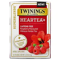 Twinings, Superblends, Heartea з вітаміном B1, малина, трав'яний чай із гібіскусу, без кофеїну, 16 чайних
