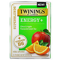 Twinings, Superblends, Energy с витамином B6, зеленый чай с цитрусовыми и яблоками, 16 чайных пакетиков, 29 г