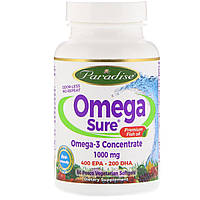 Paradise Herbs, Omega Sure, концентрат омега-3, 1000 мг, 60 вегетарианских капсул (из рыбного желатина) в в
