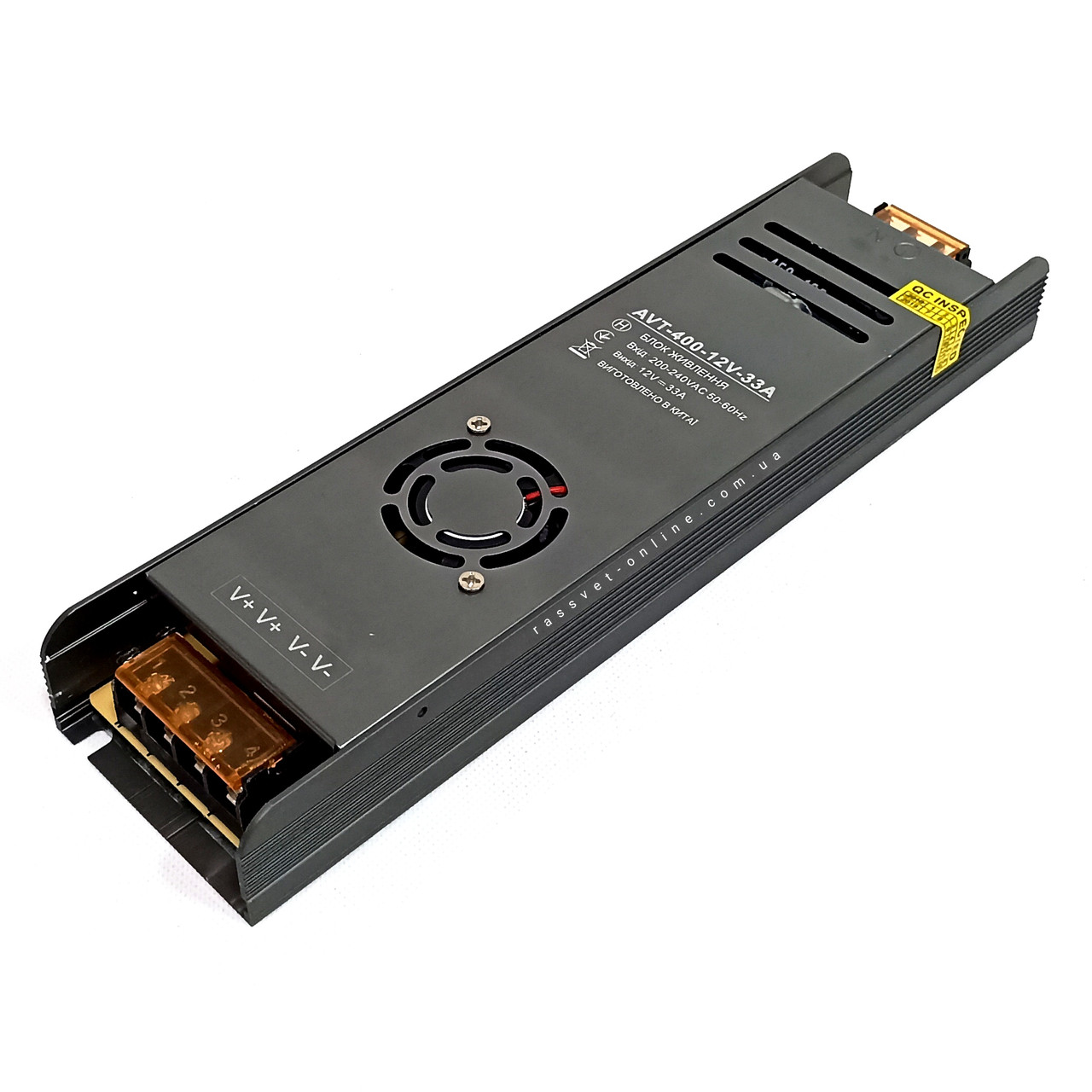 Блок живлення 400W AVT-400-12V-33A металевий перфорований (400Вт 12В 33А) IP20 вузький 245×63×29мм для світлодіодної LED стрічки
